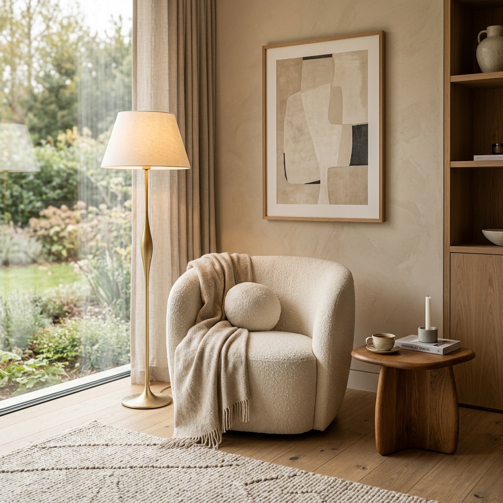 Rincón de salón de diseño nórdico con sillón de borreguito y lámpara de pie dorada